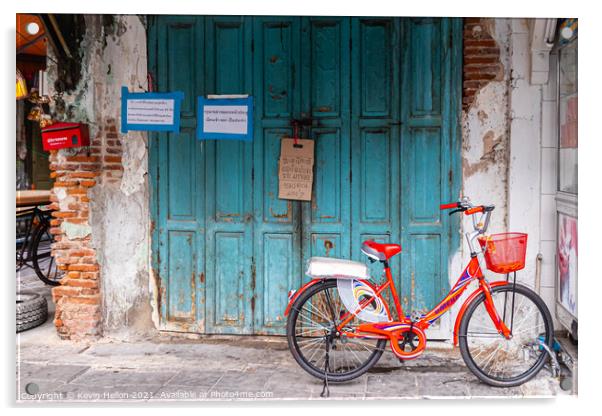 Red bicycle parked by blue doors Acrylic by Kevin Hellon