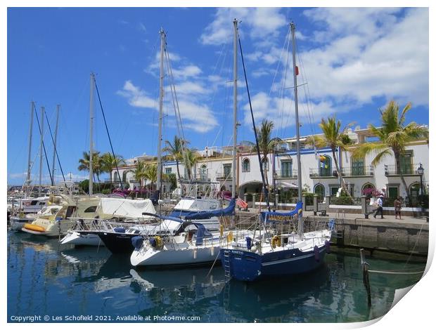 Yachts in Mogan Harbour Gran Canaria Spain Print by Les Schofield