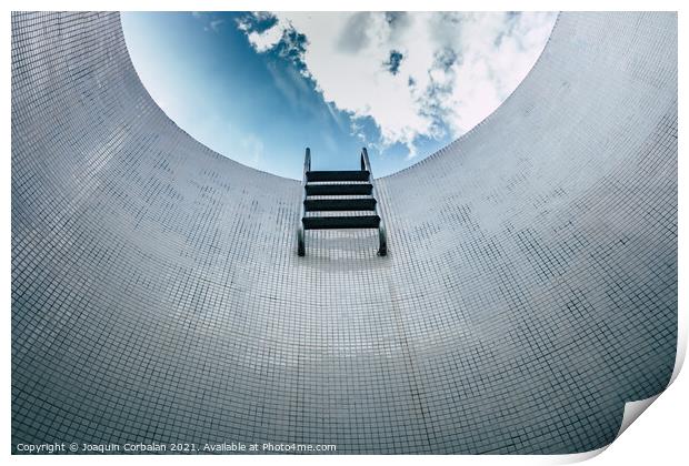 Sparse staircase of an empty pool, seen from below, minimalist t Print by Joaquin Corbalan