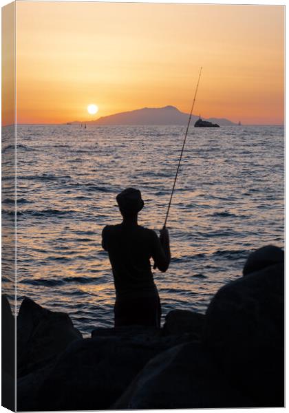 Fisherman on the Sorrentine Coast in the Sunset across Ischia Canvas Print by Dietmar Rauscher