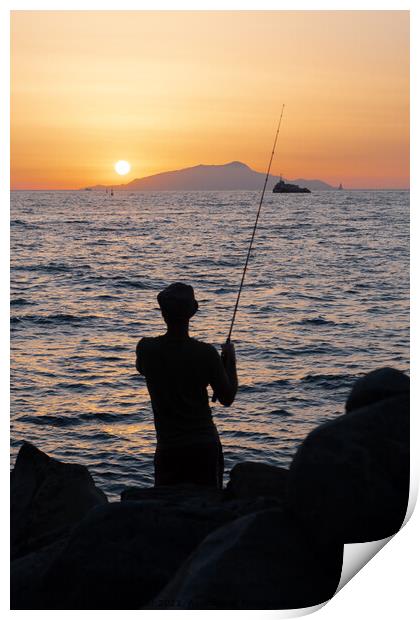 Fisherman on the Sorrentine Coast in the Sunset across Ischia Print by Dietmar Rauscher