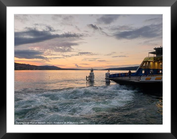 Ferry vessel leaving port at sunset Framed Mounted Print by Martin Baroch