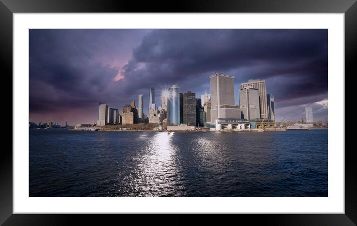 Amazing Manhattan Skyline downtown view from Hudson River Framed Mounted Print by Erik Lattwein