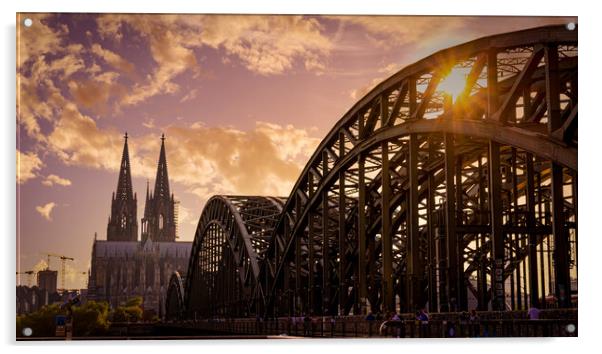 Famous Hohenzollern Bridge in Cologne leading to the Cathedral - Acrylic by Erik Lattwein