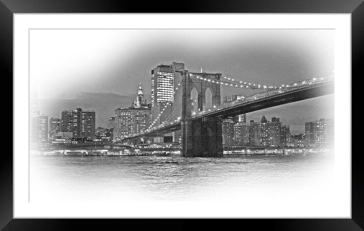 Beautiful Brooklyn Bridge New York at night Framed Mounted Print by Erik Lattwein