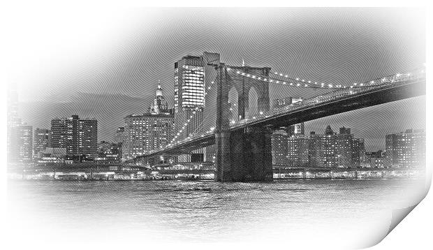 Beautiful Brooklyn Bridge New York at night Print by Erik Lattwein