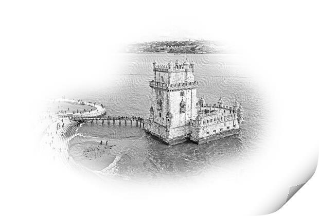 Most important landmark in Lisbon . The Tower of Belem from abov Print by Erik Lattwein