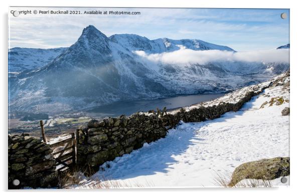 Tryfan and Ogwen Valley in Winter Snowdonia Acrylic by Pearl Bucknall