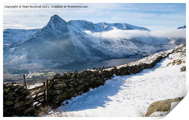 Tryfan and Ogwen Valley in Winter Snowdonia Print by Pearl Bucknall