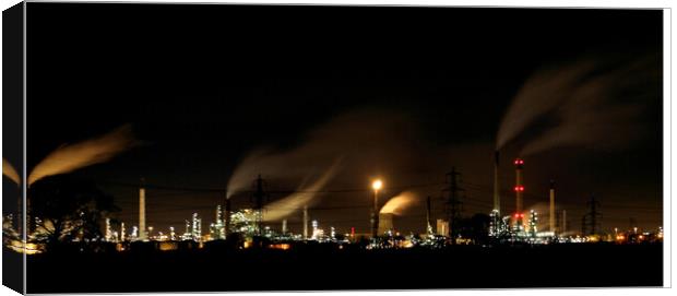 OIL REFINERY AND SMOKE ILLUMINATIONS Canvas Print by SIMON STAPLEY