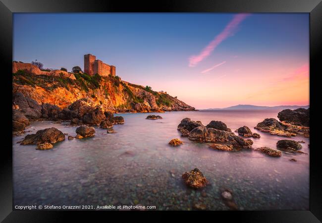 Talamone medieval fortress at sunset. Tuscany Framed Print by Stefano Orazzini