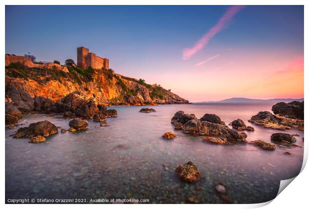 Talamone medieval fortress at sunset. Tuscany Print by Stefano Orazzini