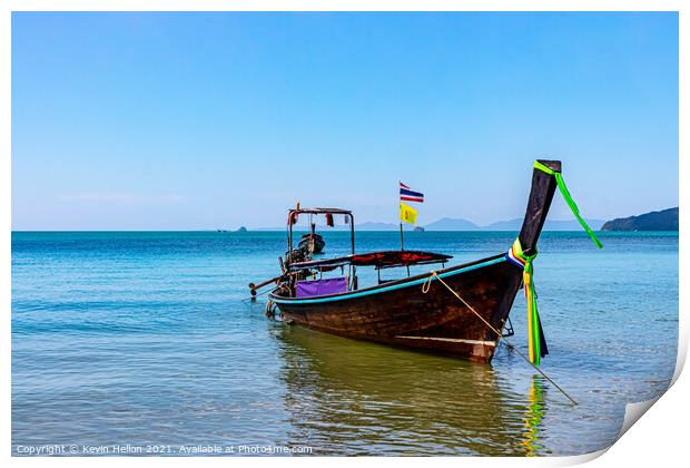 Long tail boat on the Andaman Sea  Print by Kevin Hellon