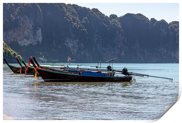 Long tail boats on the Andaman Sea  Print by Kevin Hellon