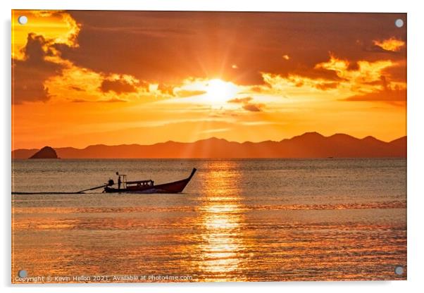 Long tail boat on the Andaman Sea at sunset  Acrylic by Kevin Hellon