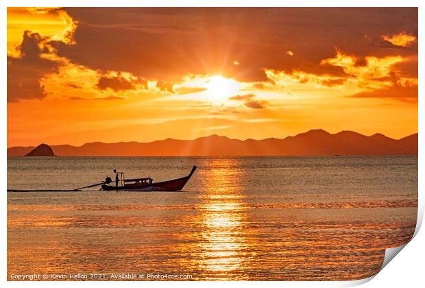 Long tail boat on the Andaman Sea at sunset  Print by Kevin Hellon
