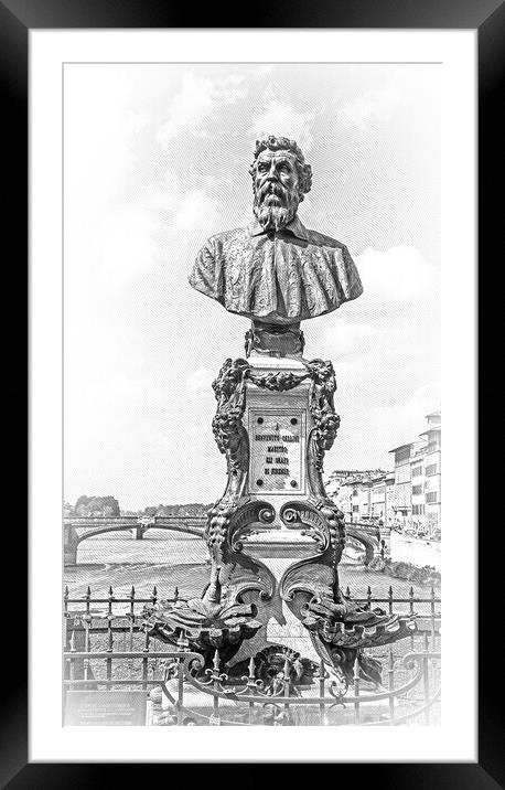 Statue of Benvenuto Cellini on Ponte Vecchio Bridge in Venice Framed Mounted Print by Erik Lattwein