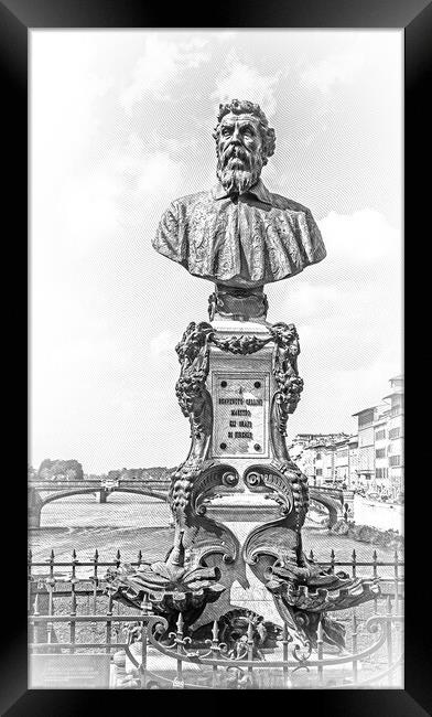 Statue of Benvenuto Cellini on Ponte Vecchio Bridge in Venice Framed Print by Erik Lattwein