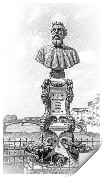 Statue of Benvenuto Cellini on Ponte Vecchio Bridge in Venice Print by Erik Lattwein