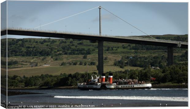 Down the Clyde on the Waverley Canvas Print by ANN RENFREW