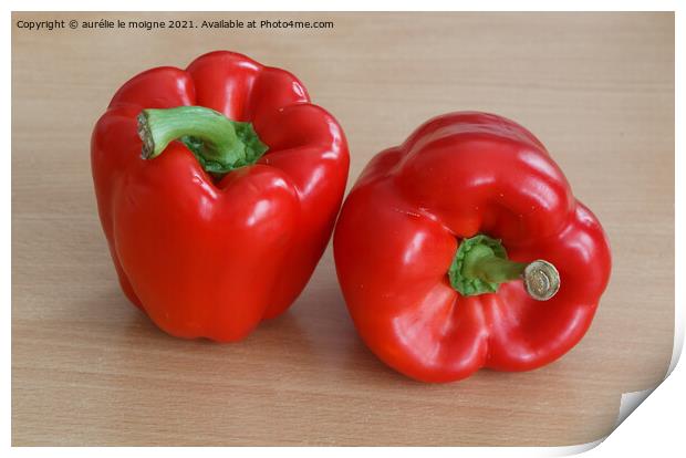 Two red peppers Print by aurélie le moigne