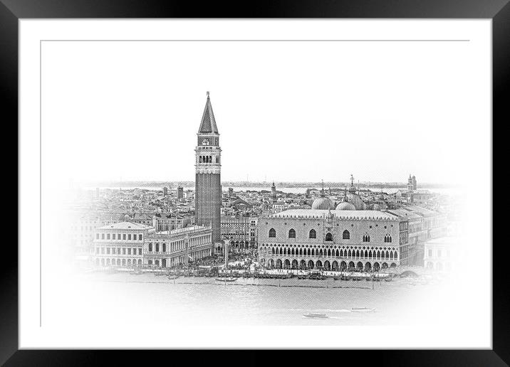 Aerial view over skyline of Venice at St Marks Place with Campan Framed Mounted Print by Erik Lattwein