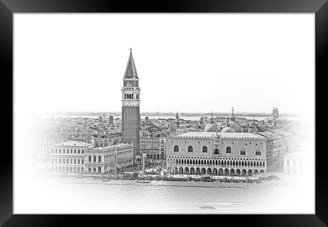 Aerial view over skyline of Venice at St Marks Place with Campan Framed Print by Erik Lattwein