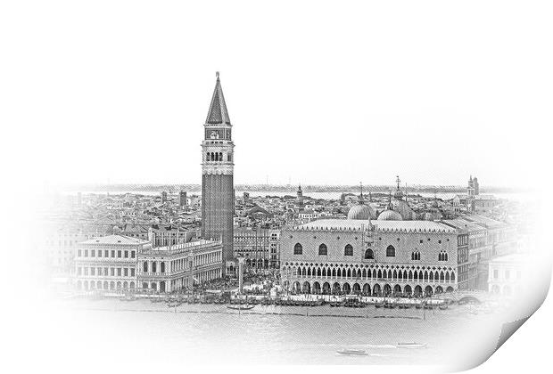 Aerial view over skyline of Venice at St Marks Place with Campan Print by Erik Lattwein