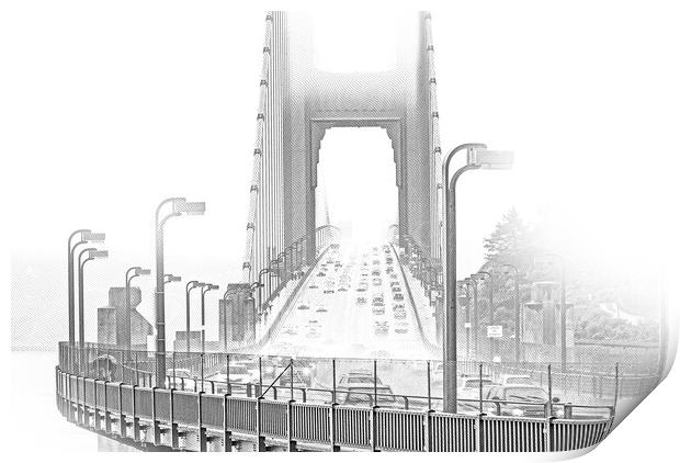 The Golden Gate Bridge in San Francisco on a foggy day Print by Erik Lattwein