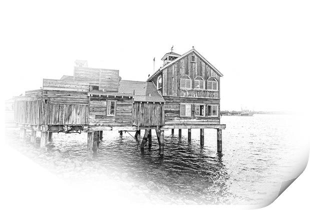 Old wooden house at the oceanfront of San Diego Seaport Village Print by Erik Lattwein