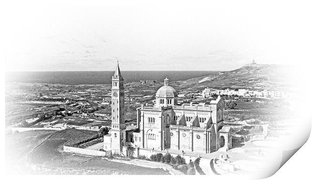 Famous Ta Pinu church on the Island of Gozo - Malta from above Print by Erik Lattwein