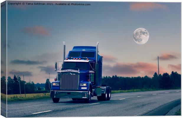 American Truck Bobtailing Under Full Moon Canvas Print by Taina Sohlman