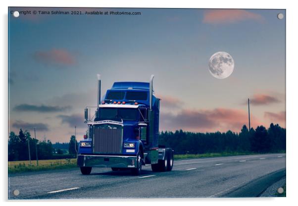 American Truck Bobtailing Under Full Moon Acrylic by Taina Sohlman
