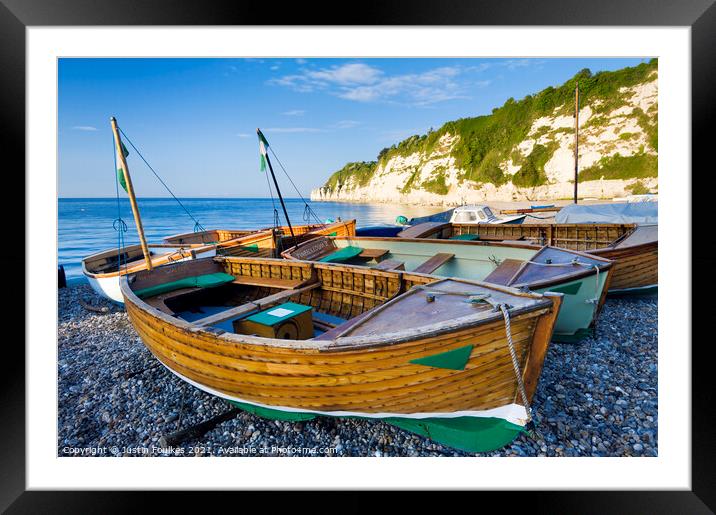 Fishing boats on the beach at Beer, East Devon Framed Mounted Print by Justin Foulkes