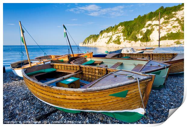Fishing boats on the beach at Beer, East Devon Print by Justin Foulkes