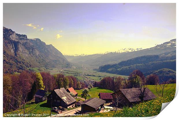 Sleepy Swiss Village looking toward Vaduz Print by Russell Deaney