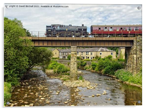 Steam train on Brooksbottom Viaduct. Acrylic by David Birchall
