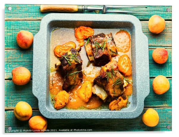 Beef ribs in apricots in baking dish Acrylic by Mykola Lunov Mykola