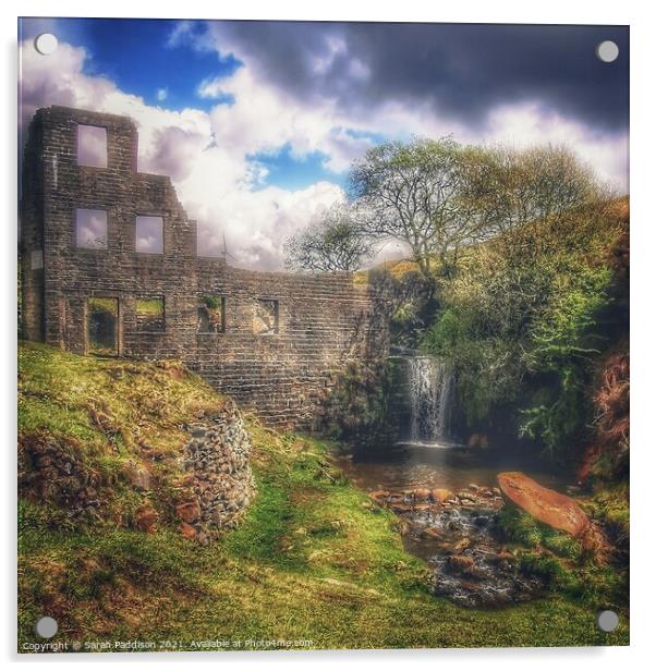 Cheesden Lumb Mill Remains and waterfall Acrylic by Sarah Paddison