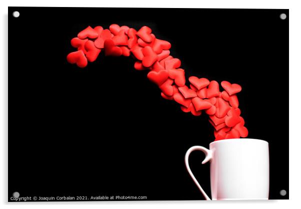White mug with spilled loving hearts, isolated on black backgrou Acrylic by Joaquin Corbalan