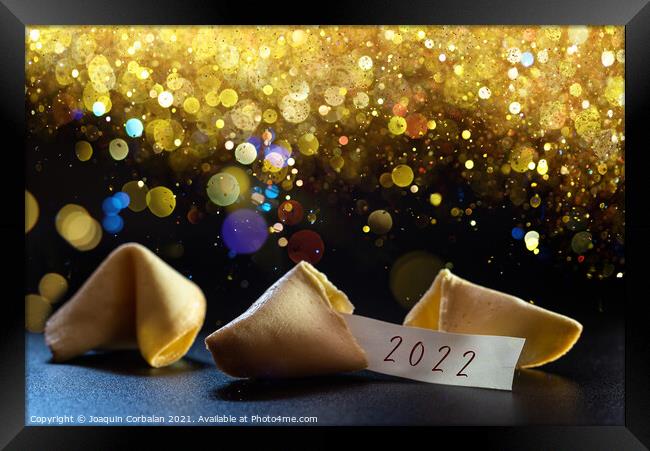 Label congratulating the new year 2022 on a lucky cookie, ideal  Framed Print by Joaquin Corbalan