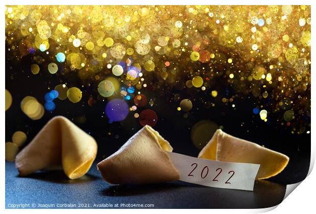 Label congratulating the new year 2022 on a lucky cookie, ideal  Print by Joaquin Corbalan