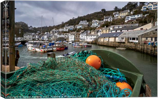 Fishing gear and boats in Polperro Harbour Cornwal Canvas Print by Gordon Maclaren