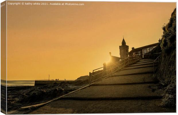 Porthleven Church Sunset  with orange sky Canvas Print by kathy white