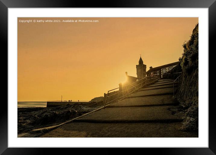 Porthleven Church Sunset  with orange sky Framed Mounted Print by kathy white