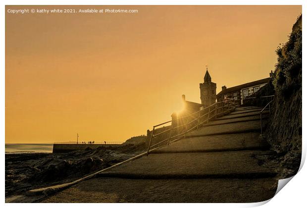 Porthleven Church Sunset  with orange sky Print by kathy white