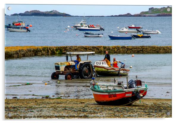 Fisherman coming back into Portelet harbour Guernsey Acrylic by George de Putron