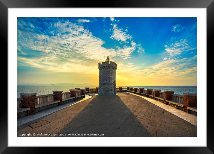 Piombino lighthouse at sunset Framed Mounted Print by Stefano Orazzini