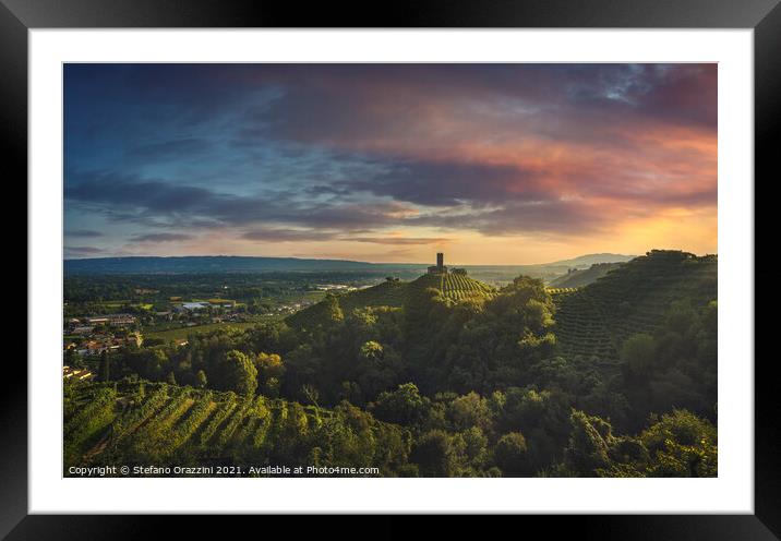 Prosecco Hills, vineyards and San Lorenzo church. Framed Mounted Print by Stefano Orazzini