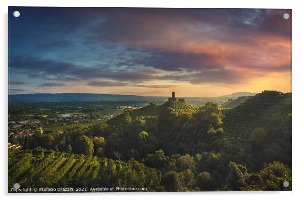 Prosecco Hills, vineyards and San Lorenzo church. Acrylic by Stefano Orazzini